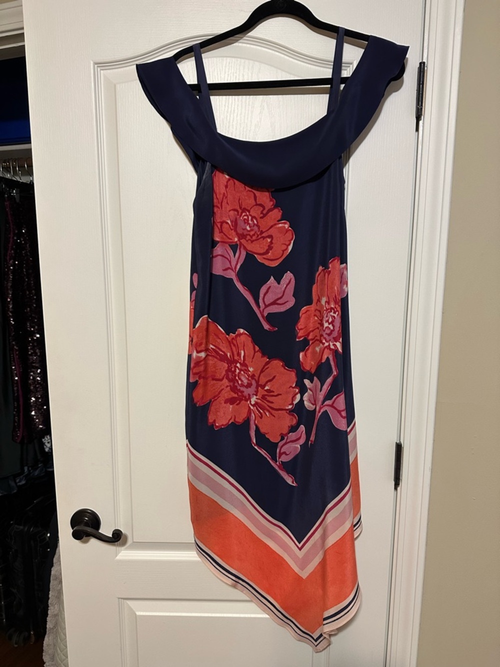 Anthropologie Navy Dress with Coral Floral Print